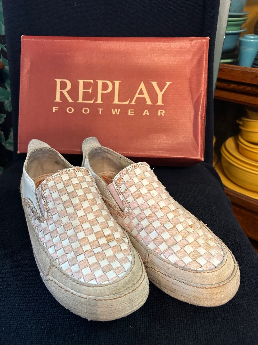 Replay Slip-On Woven Leather & Canvas Sneakers in Pink and Cream
